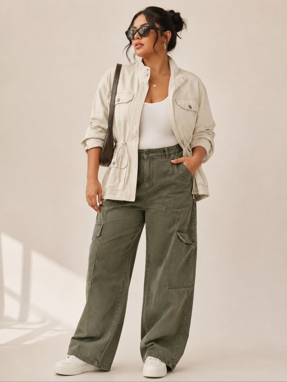 Light Beige Utility Jacket - Women's Casual Drawstring Field Jacket